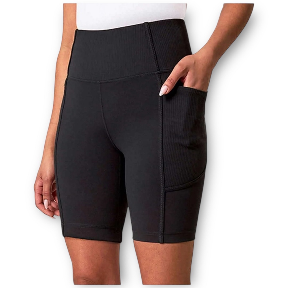 NWT Mondetta High Waisted 9 Inseam Ribbed Womens Biker Short Small Black - Picture 2 of 7